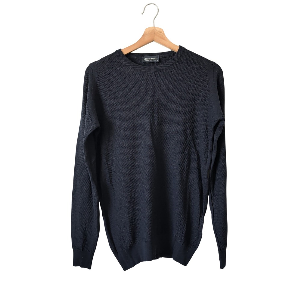 John Smedley Mens Navy Blue Extrafine Merino Wool Textured Crewneck Sweater M